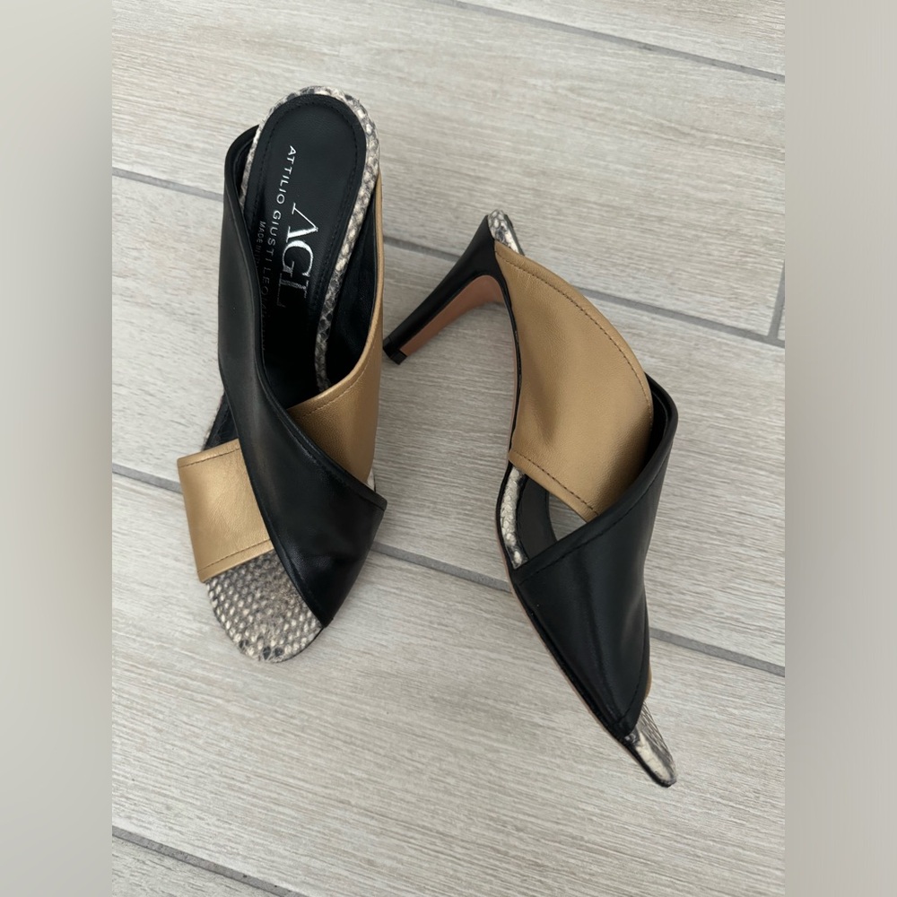 AGL Italian sandal heels in black and gold.
